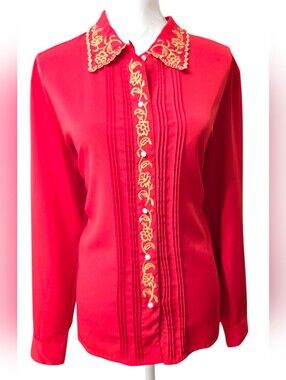 Vintage Apparenza Red Button-Down Blouse with Gold Embroidery